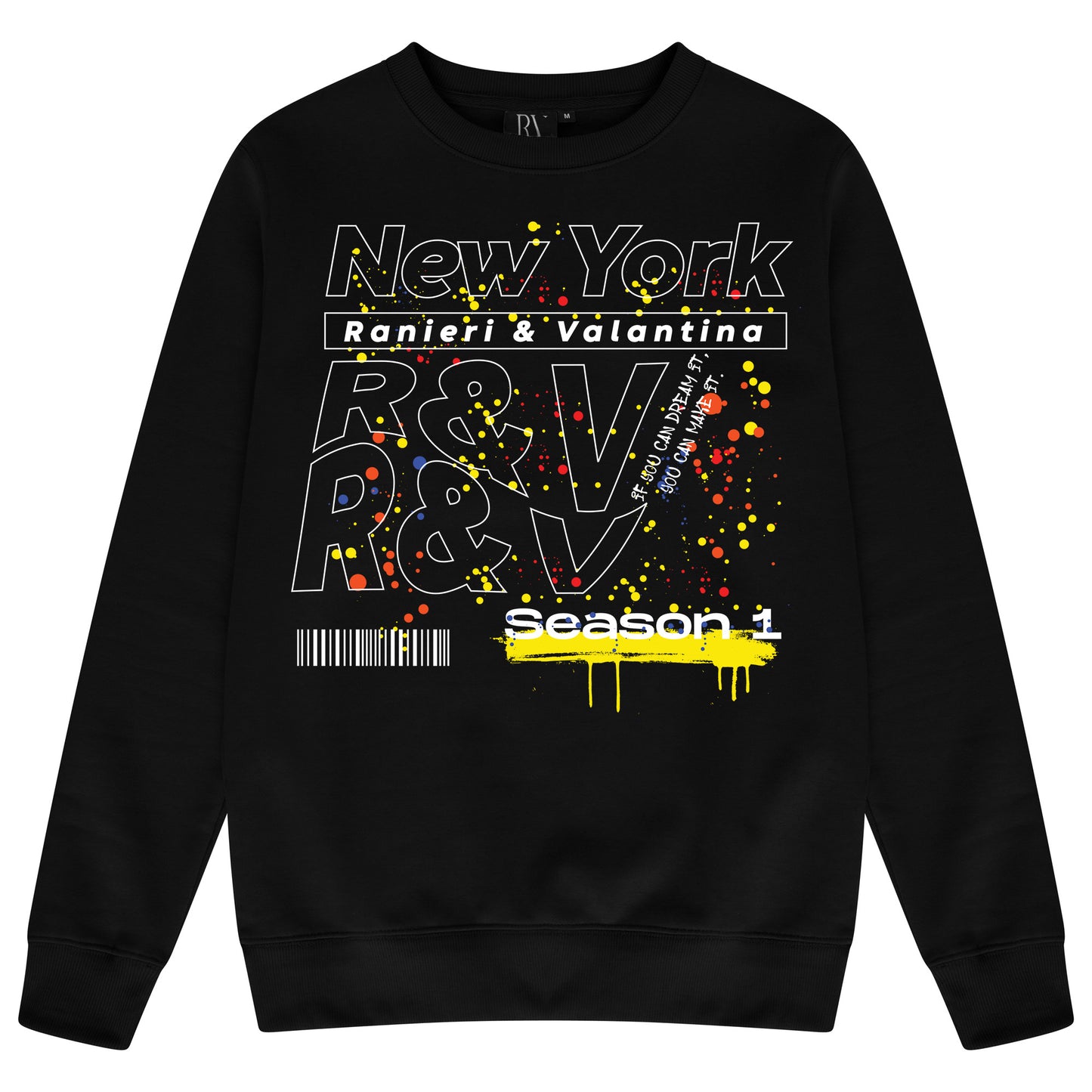 Black oversized women’s sweatshirt with a bold white “New York” graphic printed on the chest, classic crew neckline, long sleeves, ribbed cuffs, and ribbed hem.