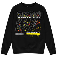 Black oversized men’s sweatshirt featuring a bold New York graphic printed centrally on the chest, with a classic crew neckline, long sleeves, and ribbed cuffs and hem.