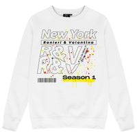 White oversized women’s sweatshirt featuring a bold multi-color “New York” graphic printed centrally on the chest, classic crew neckline, long sleeves, and ribbed cuffs and hem.
