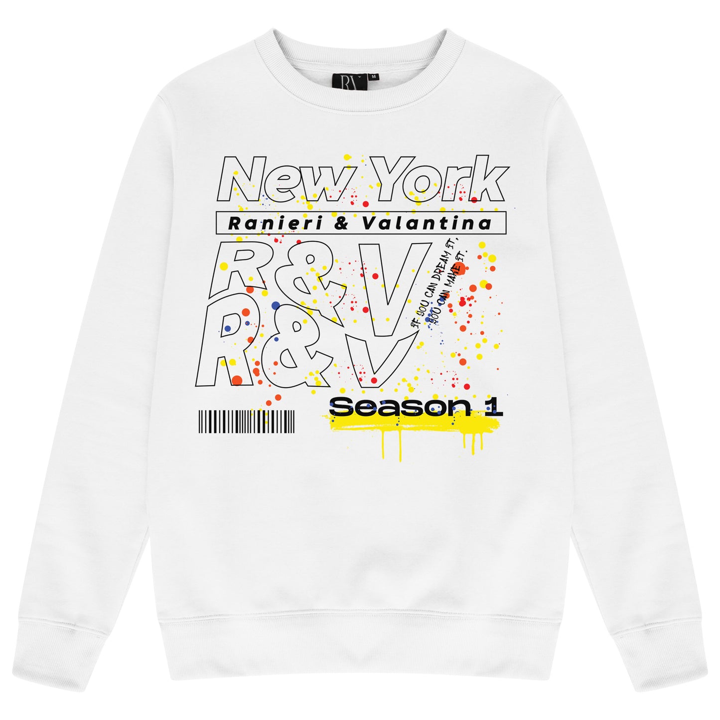 White oversized women’s sweatshirt featuring a bold multi-color “New York” graphic printed centrally on the chest, classic crew neckline, long sleeves, and ribbed cuffs and hem.