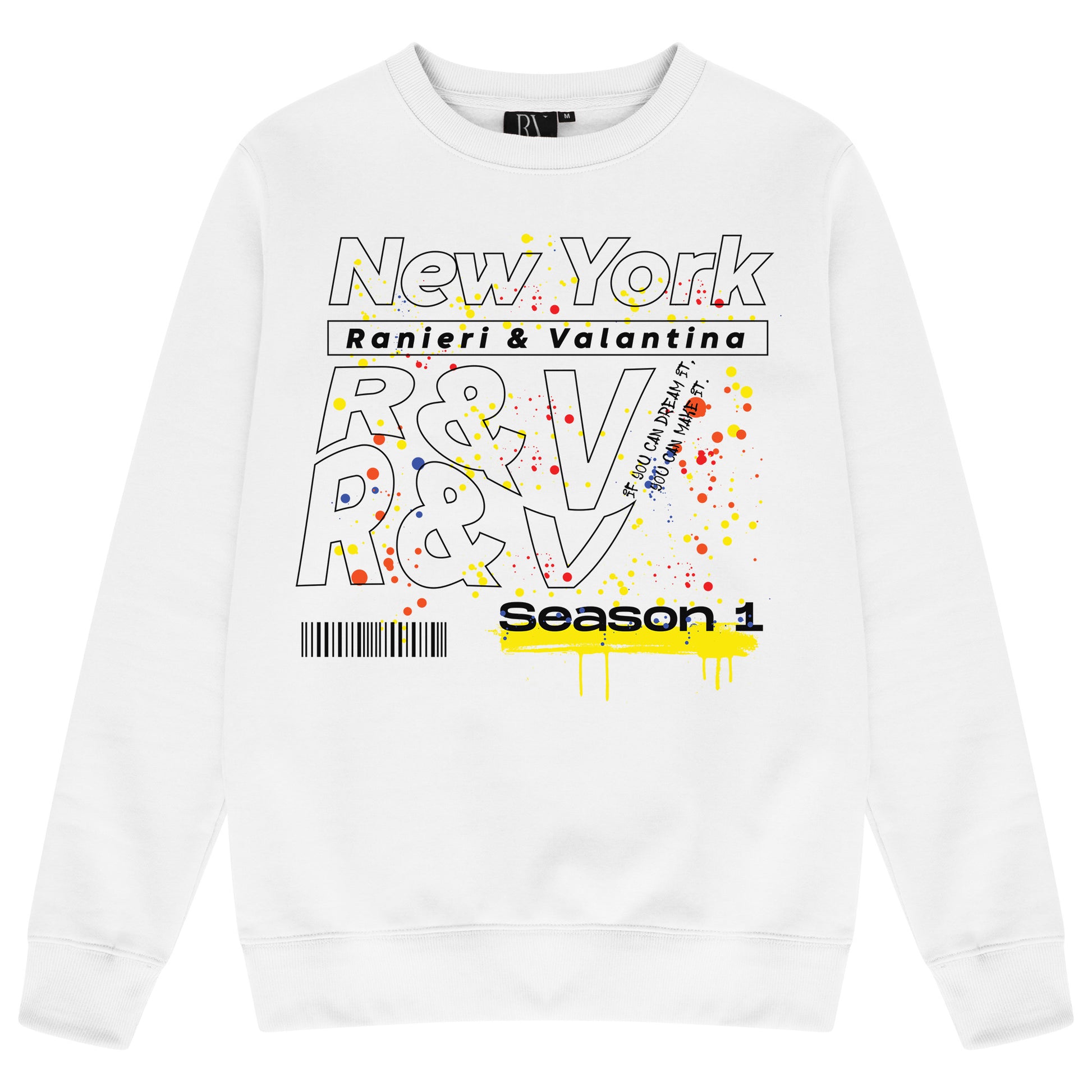 White oversized women’s sweatshirt featuring a bold multi-color “New York” graphic printed centrally on the chest, classic crew neckline, long sleeves, and ribbed cuffs and hem.