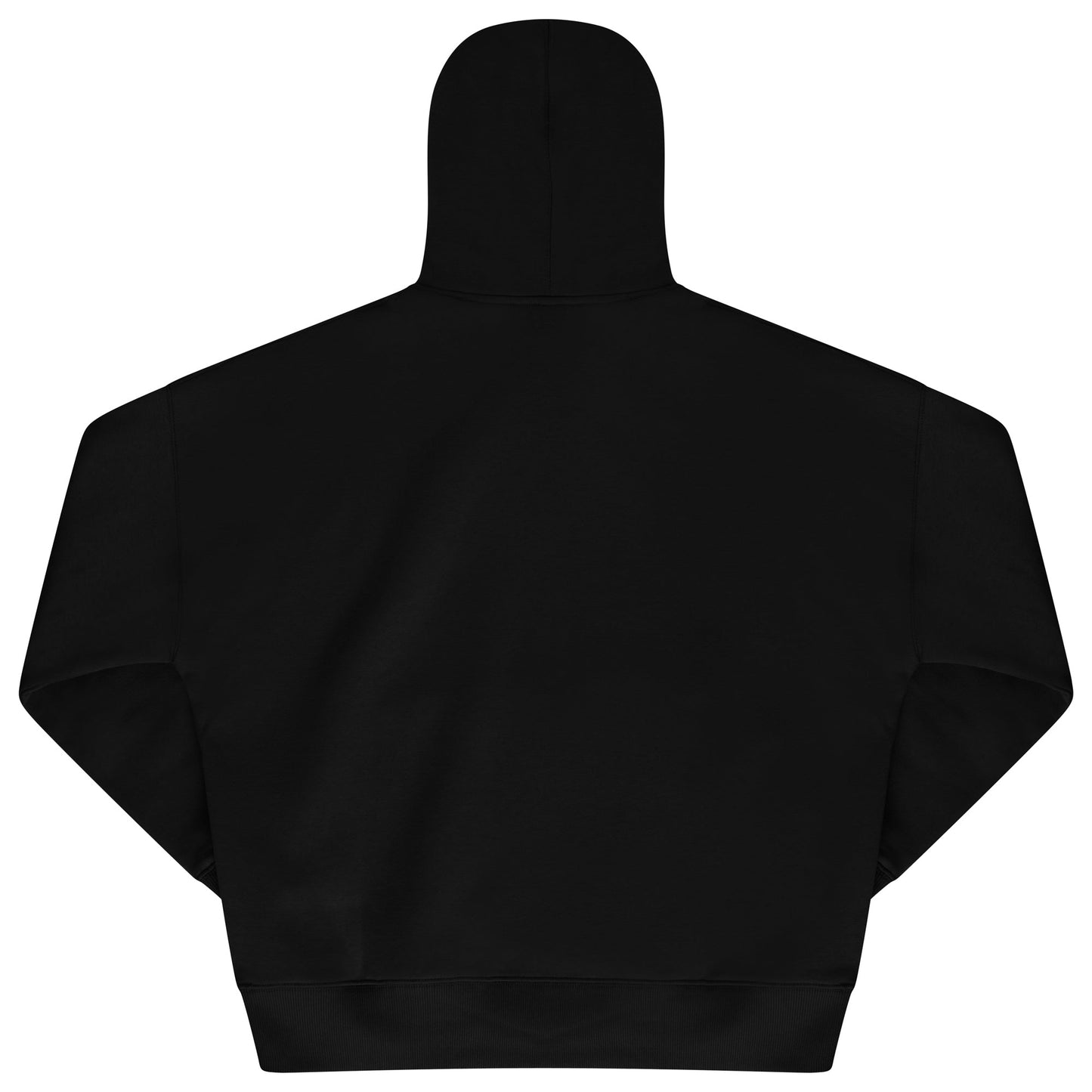 Back view of oversized black hoodie highlighting relaxed fit and ribbed trims. 
