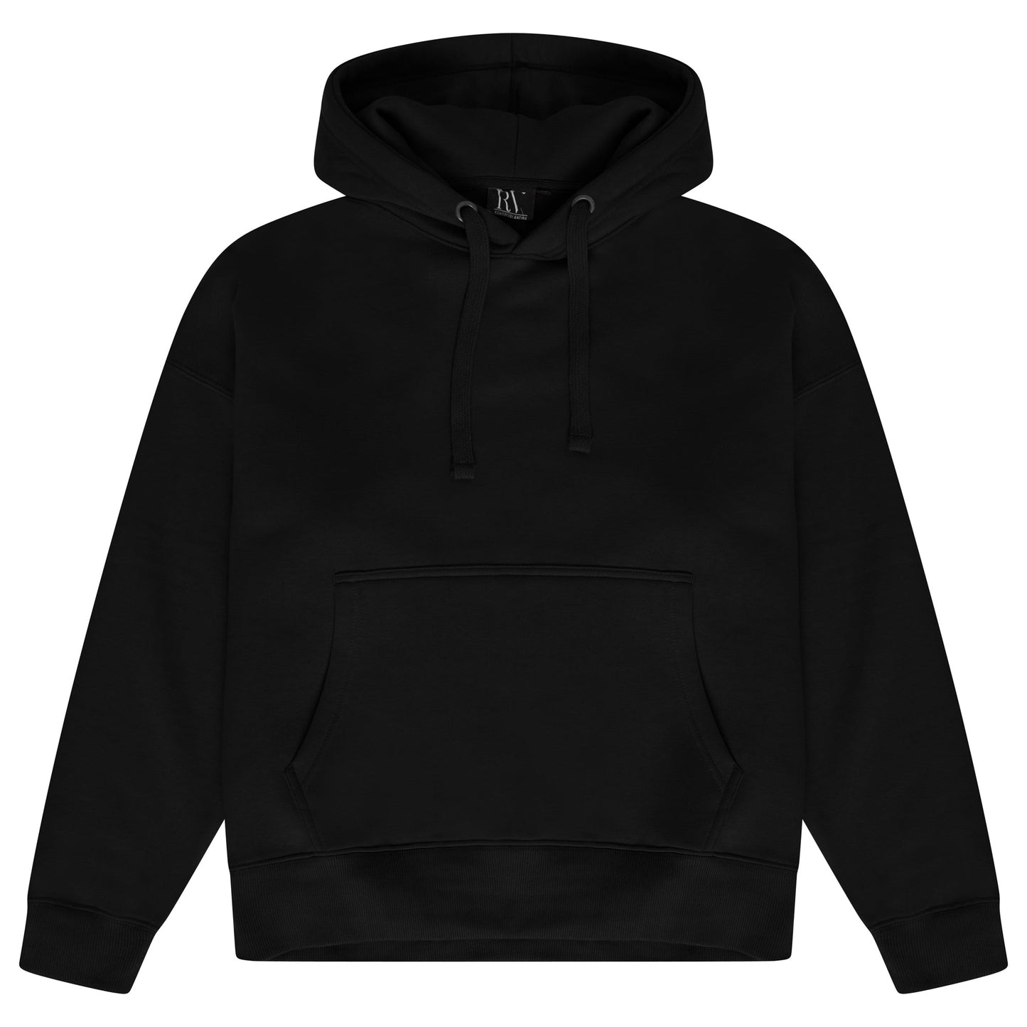 Oversized black hoodie for women with adjustable drawstrings and a front kangaroo pocket, laid flat. 