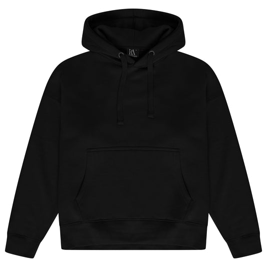 Oversized black hoodie for women with adjustable drawstrings and a front kangaroo pocket, laid flat. 