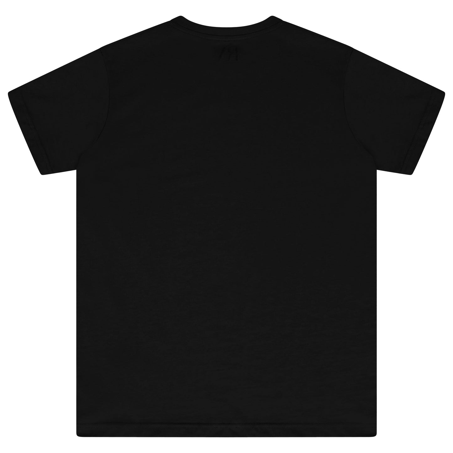 Back view of oversized black t-shirt showcasing relaxed fit and print decoration. 