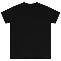 Oversized black cotton t-shirt for women laid flat, featuring a round neckline and short sleeves. 
