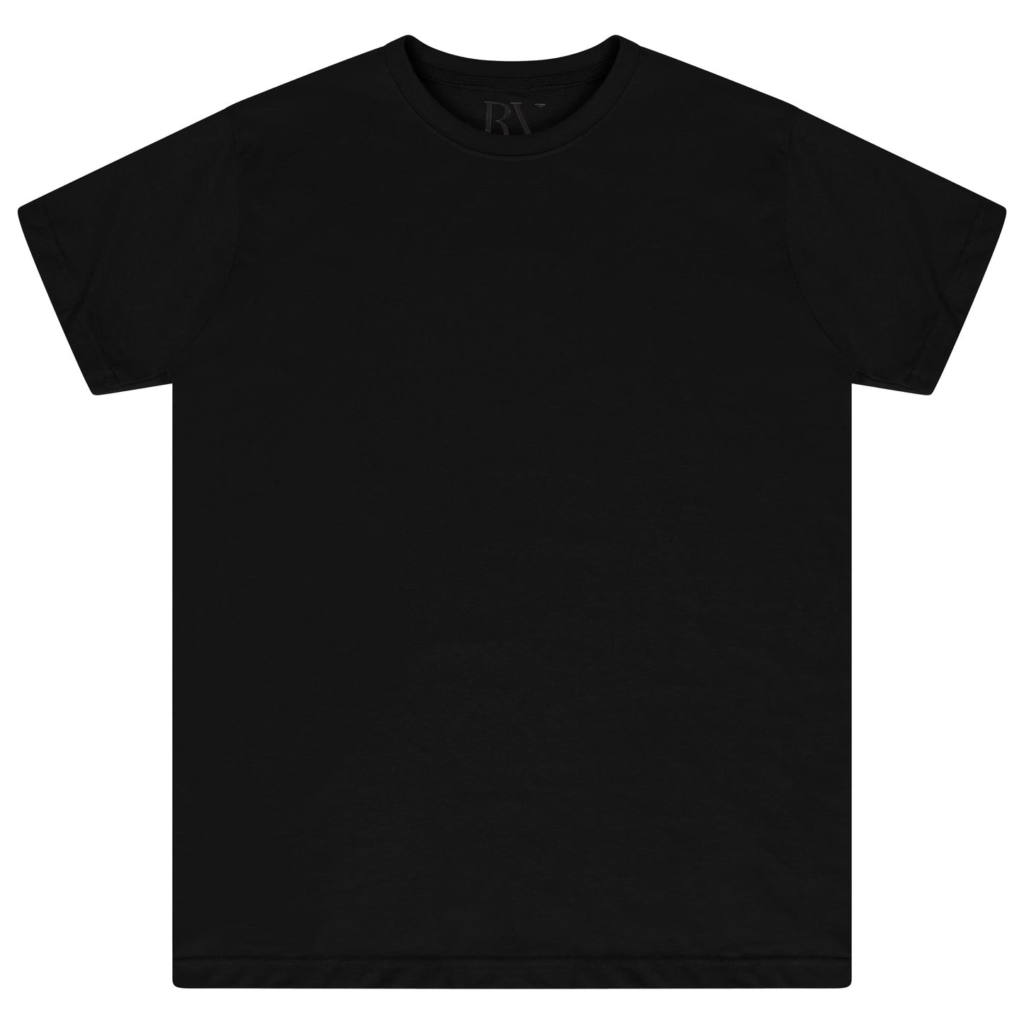 Oversized black cotton t-shirt for women laid flat, featuring a round neckline and short sleeves. 