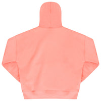 Back view of oversized coral hoodie highlighting relaxed fit and ribbed detailing.