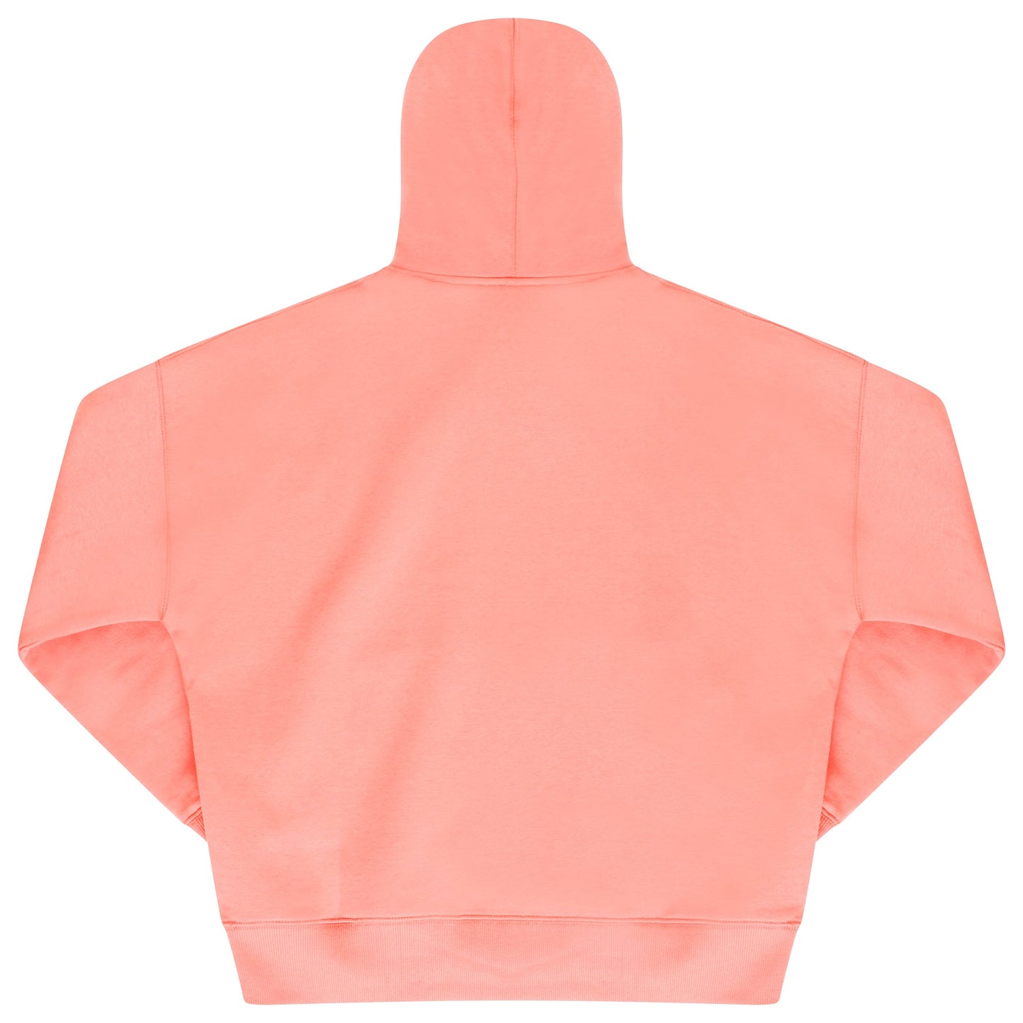 Back view of oversized coral hoodie highlighting relaxed fit and ribbed detailing.