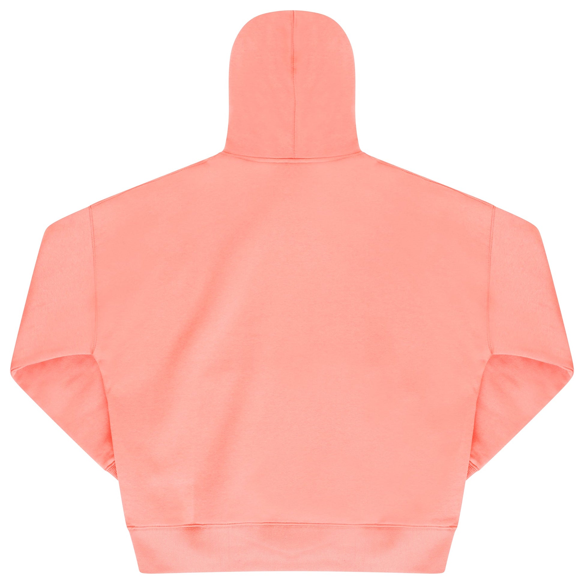 Back view of oversized coral hoodie highlighting relaxed fit and ribbed detailing.