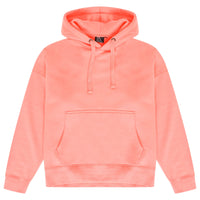 Oversized coral hoodie for women with adjustable drawstrings and a kangaroo pocket, laid flat. 