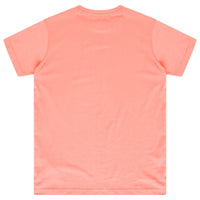 Back view of a coral oversized t-shirt for women showing a relaxed fit. 