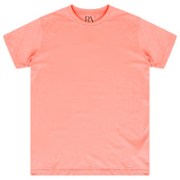 Oversized coral cotton t-shirt for women, laid flat, round neckline visible. 