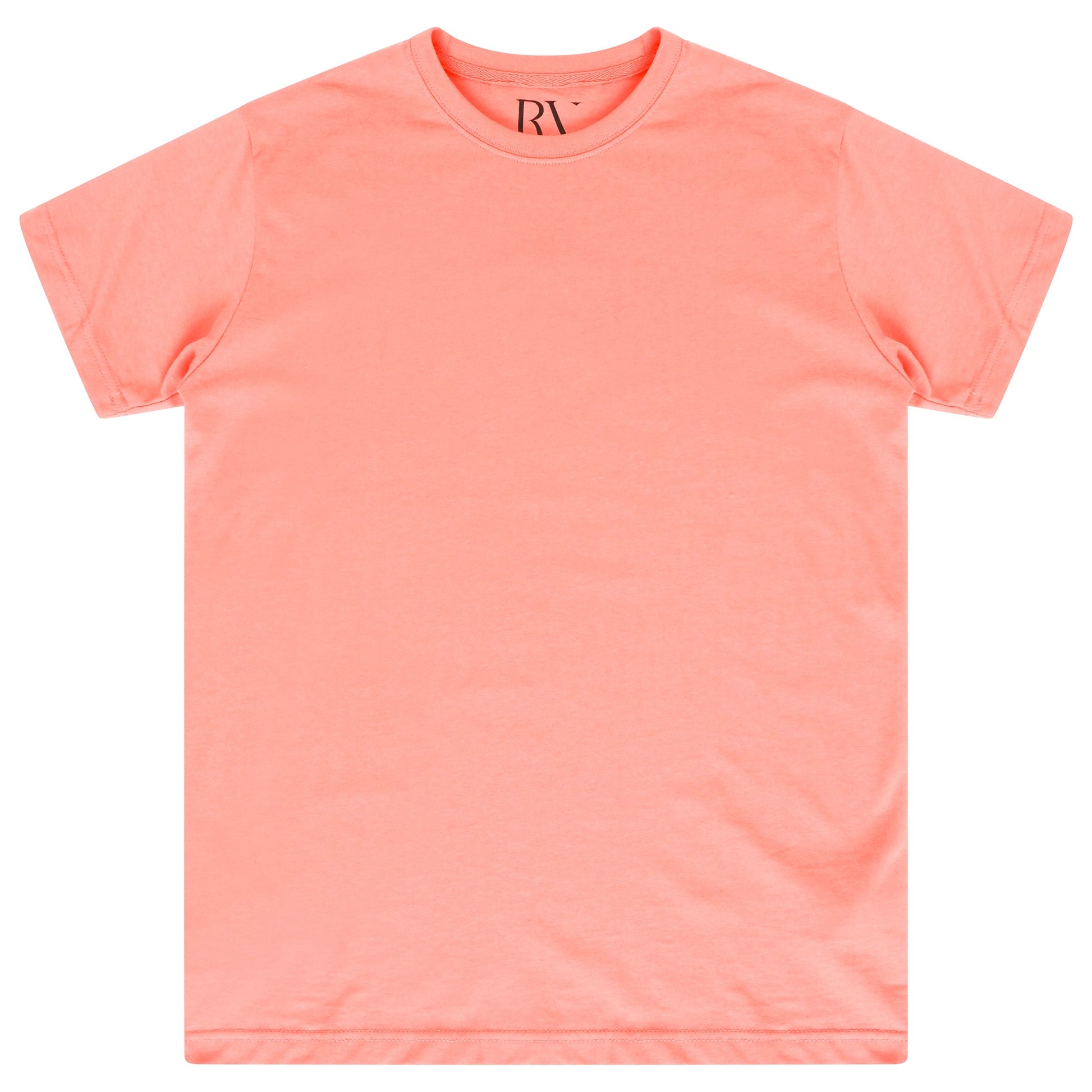 Oversized coral cotton t-shirt for women, laid flat, round neckline visible. 