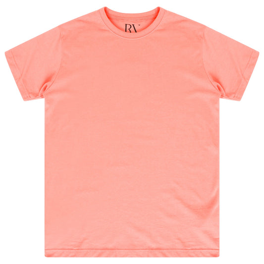 Oversized coral cotton t-shirt for women, laid flat, round neckline visible. 