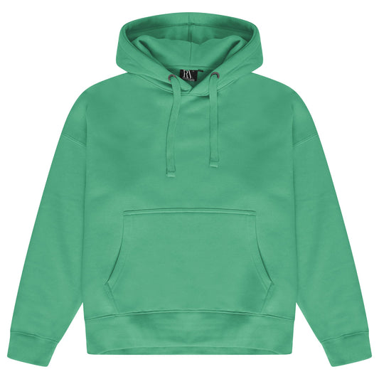 Oversized green hoodie for women with adjustable drawstrings and a kangaroo pocket. 
