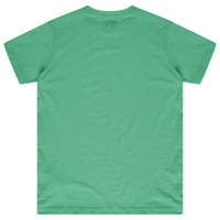 Back view of oversized green t-shirt showing relaxed cotton fit. 