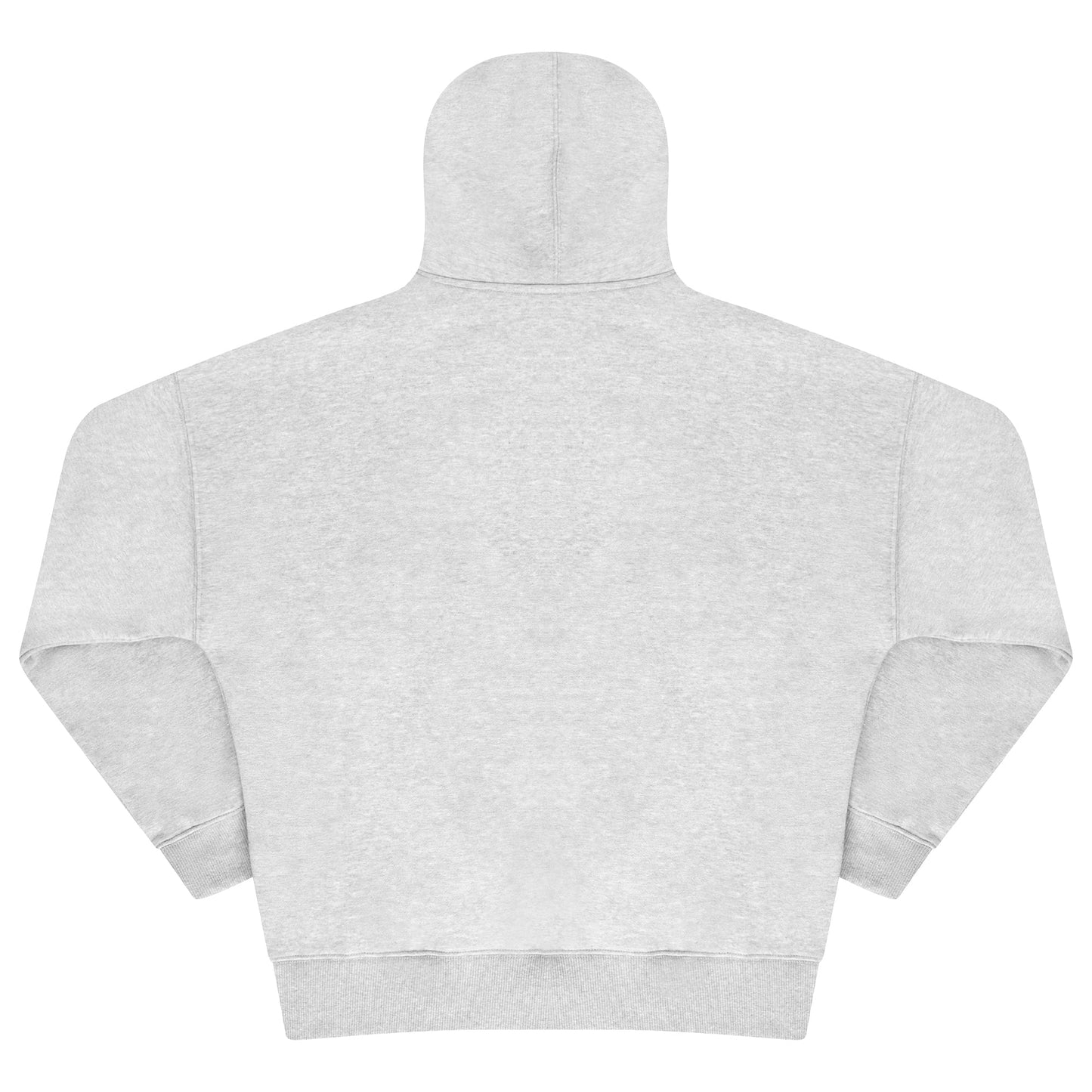 Back view of grey oversized hoodie showing relaxed fit and ribbed hem. 