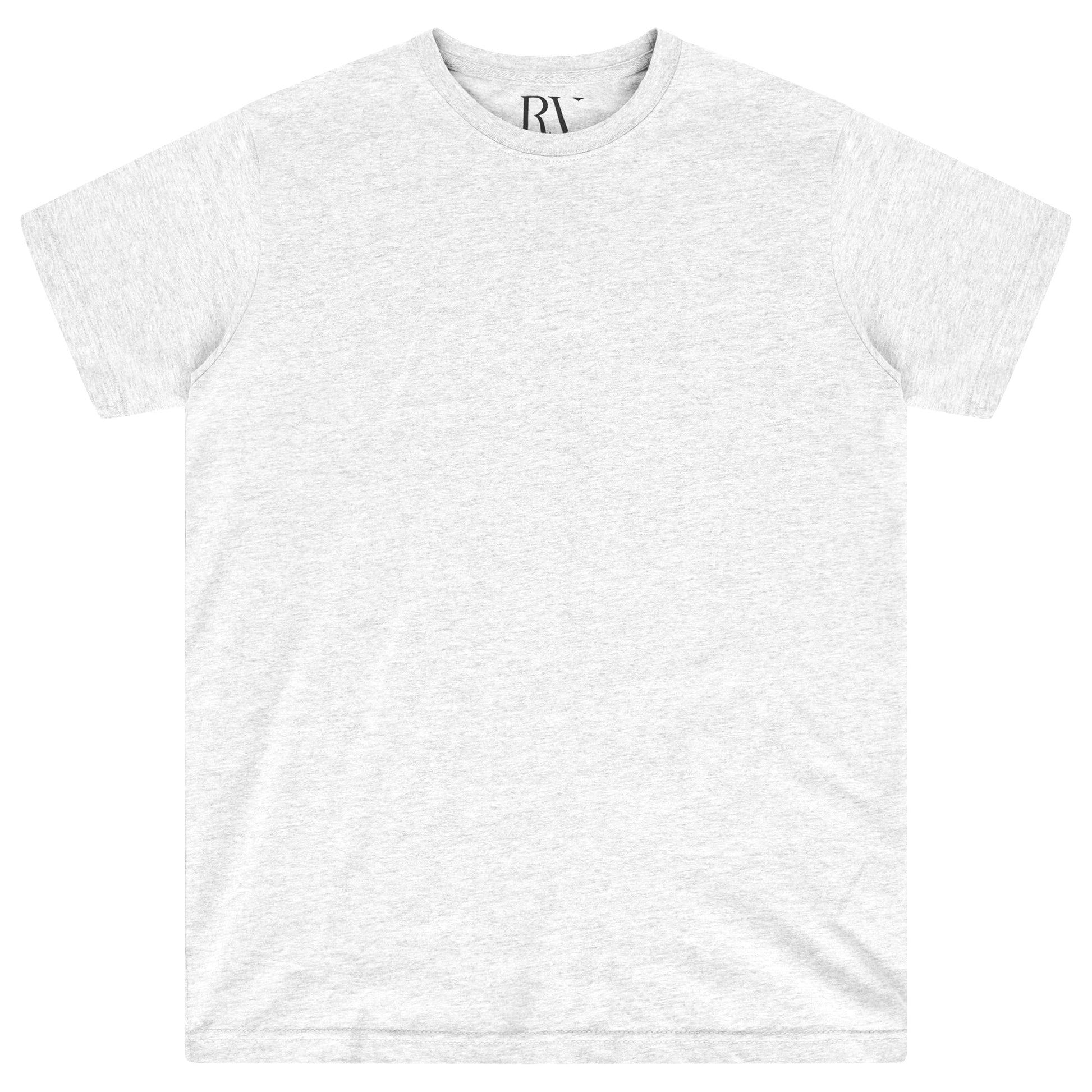 Oversized grey cotton t-shirt for women, laid flat, round neckline visible. 