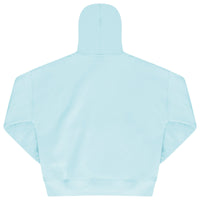 Back view of turquoise oversized hoodie showing relaxed fit and ribbed hem. 