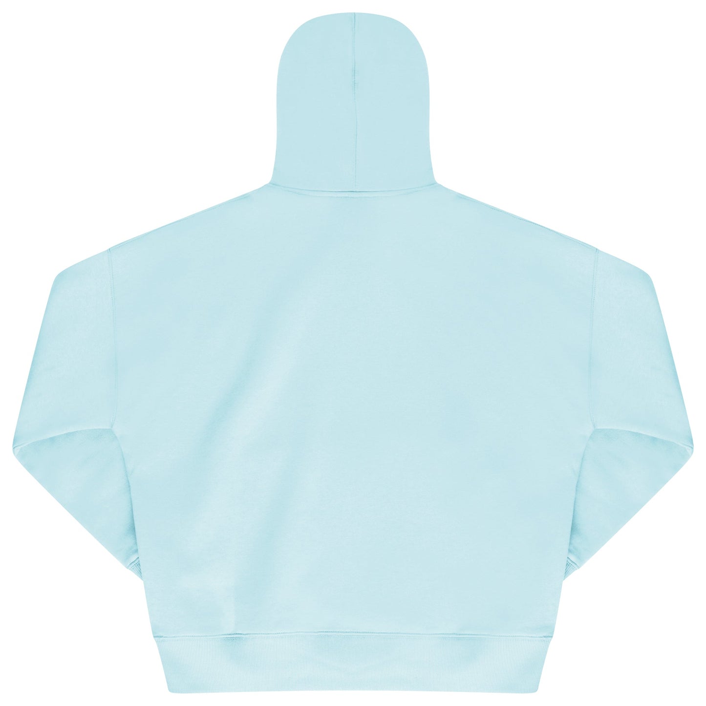 Back view of turquoise oversized hoodie showing relaxed fit and ribbed hem. 