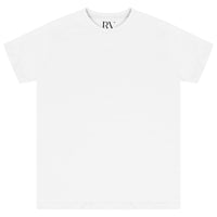 Oversized white cotton t-shirt laid flat, round neckline visible.