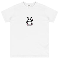 White oversized women’s T-shirt featuring an adorable black-and-white panda graphic printed prominently on the front chest, classic round neckline, and short sleeves. 