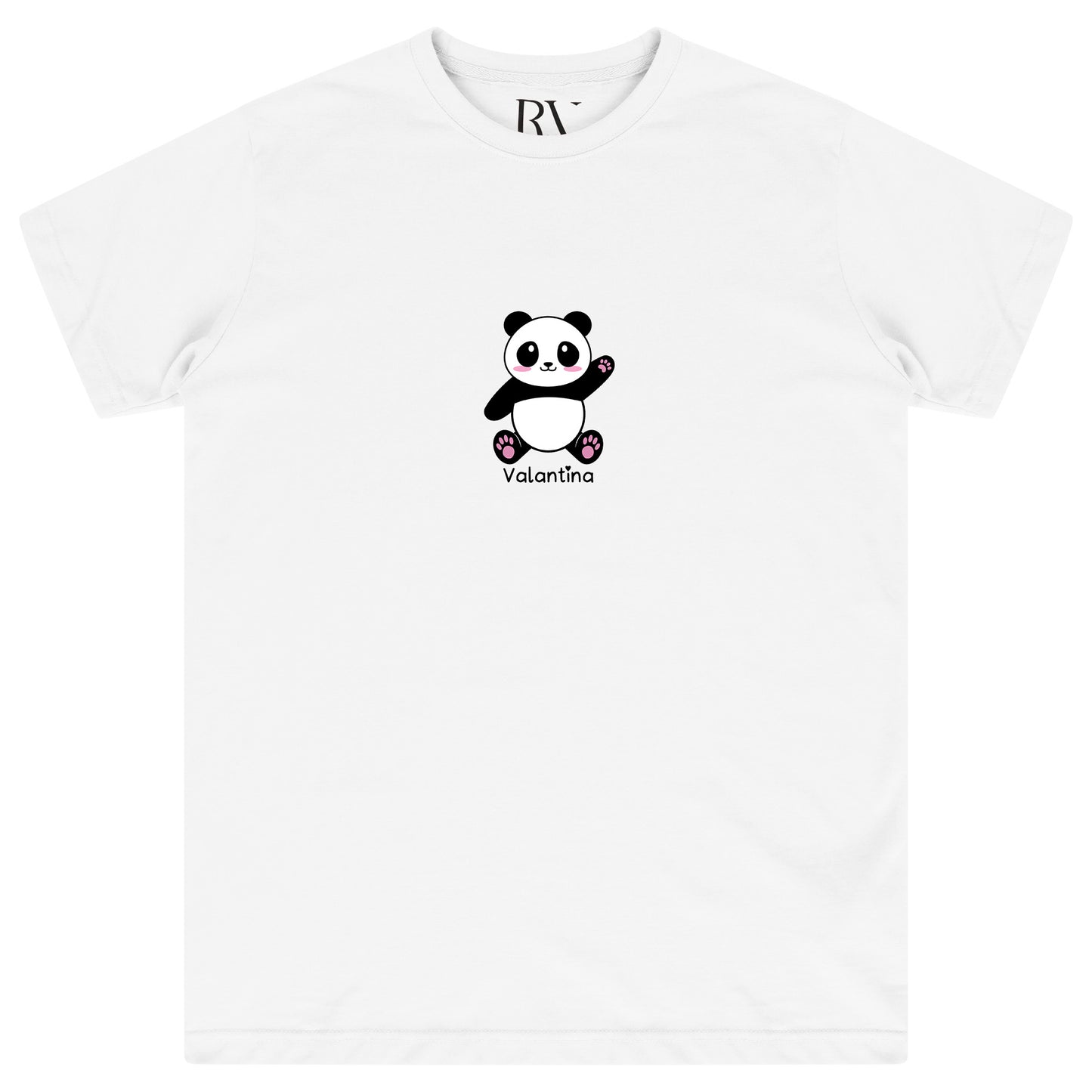 White oversized women’s T-shirt featuring an adorable black-and-white panda graphic printed prominently on the front chest, classic round neckline, and short sleeves. 