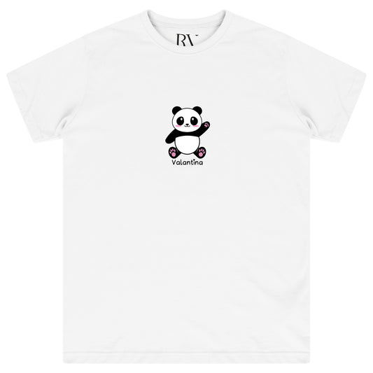 White oversized women’s T-shirt featuring an adorable black-and-white panda graphic printed prominently on the front chest, classic round neckline, and short sleeves. 