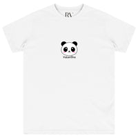 White oversized women’s T-shirt featuring a bold black-and-white panda head graphic printed centrally on the chest, classic round neckline, and short sleeves.