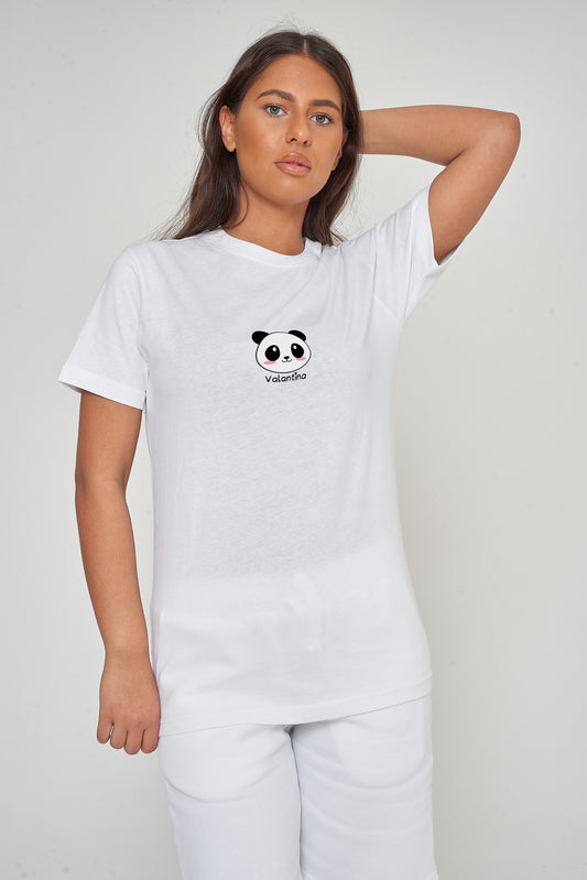 Woman wearing the white Panda Head Graphic T-Shirt styled with casual bottoms, emphasizing the bold front panda head print and comfortable oversized fit. 