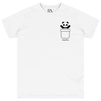 White oversized women’s T-shirt featuring a cute black-and-white panda graphic printed prominently on the front chest, with classic round neckline and short sleeves. 
