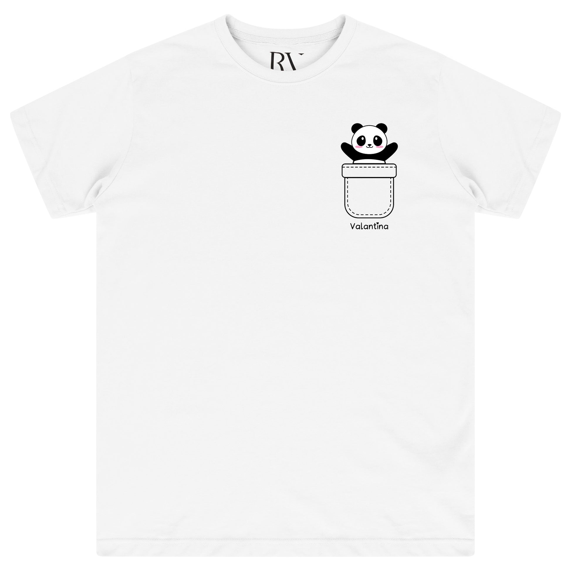 White oversized women’s T-shirt featuring a cute black-and-white panda graphic printed prominently on the front chest, with classic round neckline and short sleeves. 