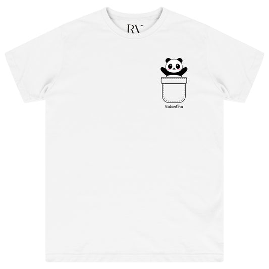 White oversized women’s T-shirt featuring a cute black-and-white panda graphic printed prominently on the front chest, with classic round neckline and short sleeves. 