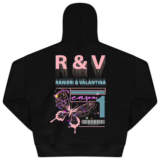 Back flat lay of men's black oversized hoodie featuring vivid coral butterfly and R&V graphic print – oversized fit.