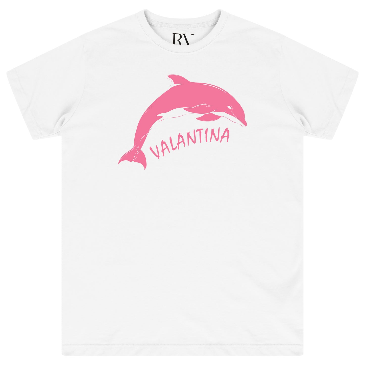 White oversized Pink Dolphin T-Shirt featuring a bold pink dolphin graphic centered on the chest and a classic crew neckline.