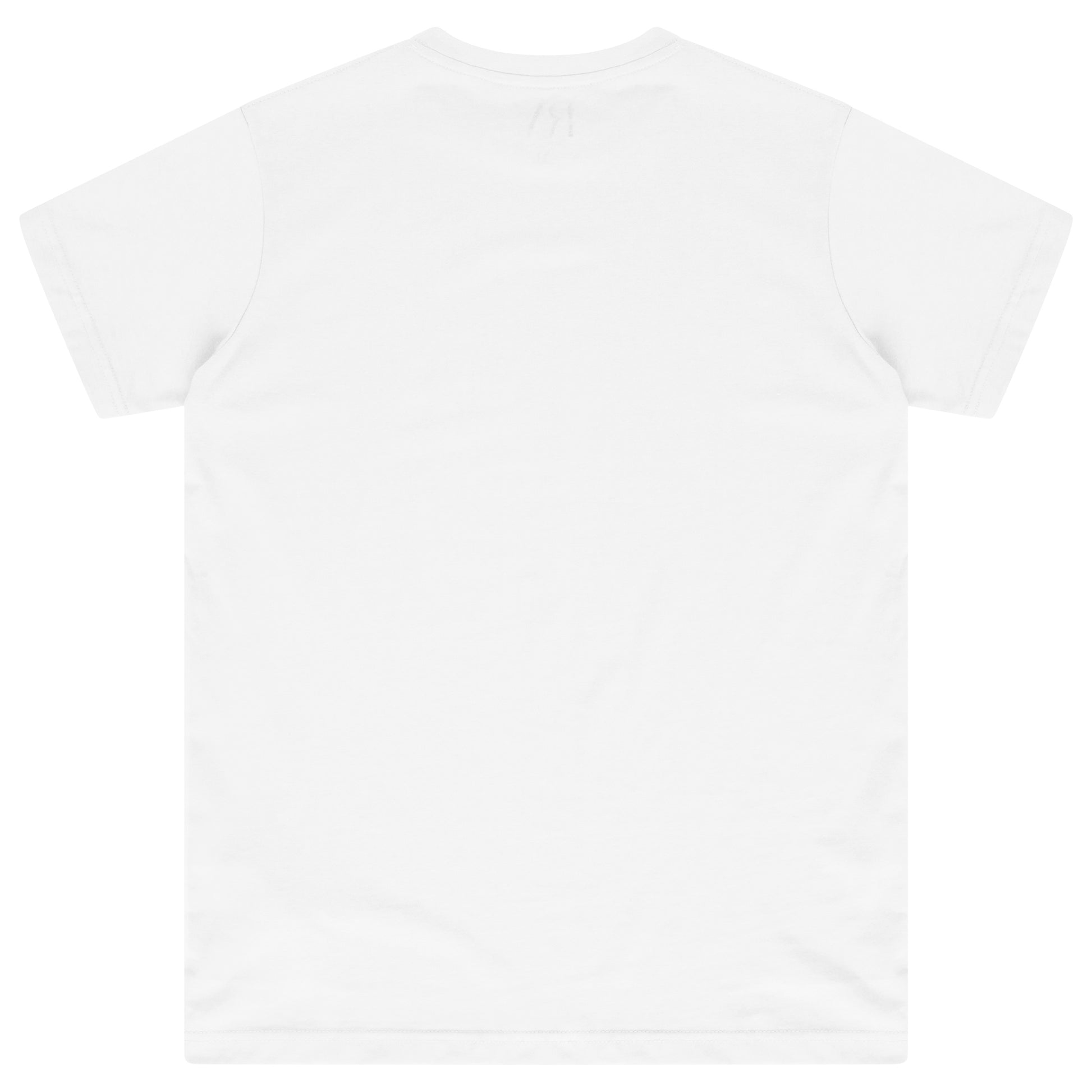 Laid-flat white T-shirt showing the plain back, short sleeves, and relaxed oversized silhouette.