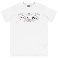 White oversized T-shirt featuring a bold pink peacock graphic centered on the chest with a crew neckline.