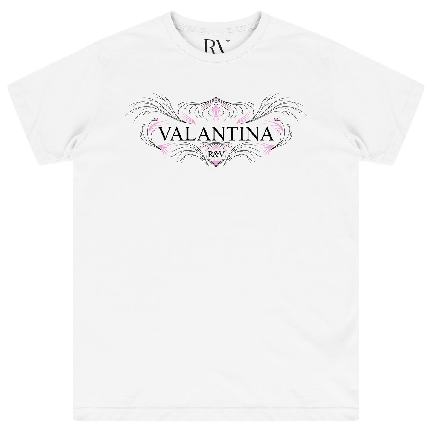 White oversized T-shirt featuring a bold pink peacock graphic centered on the chest with a crew neckline.