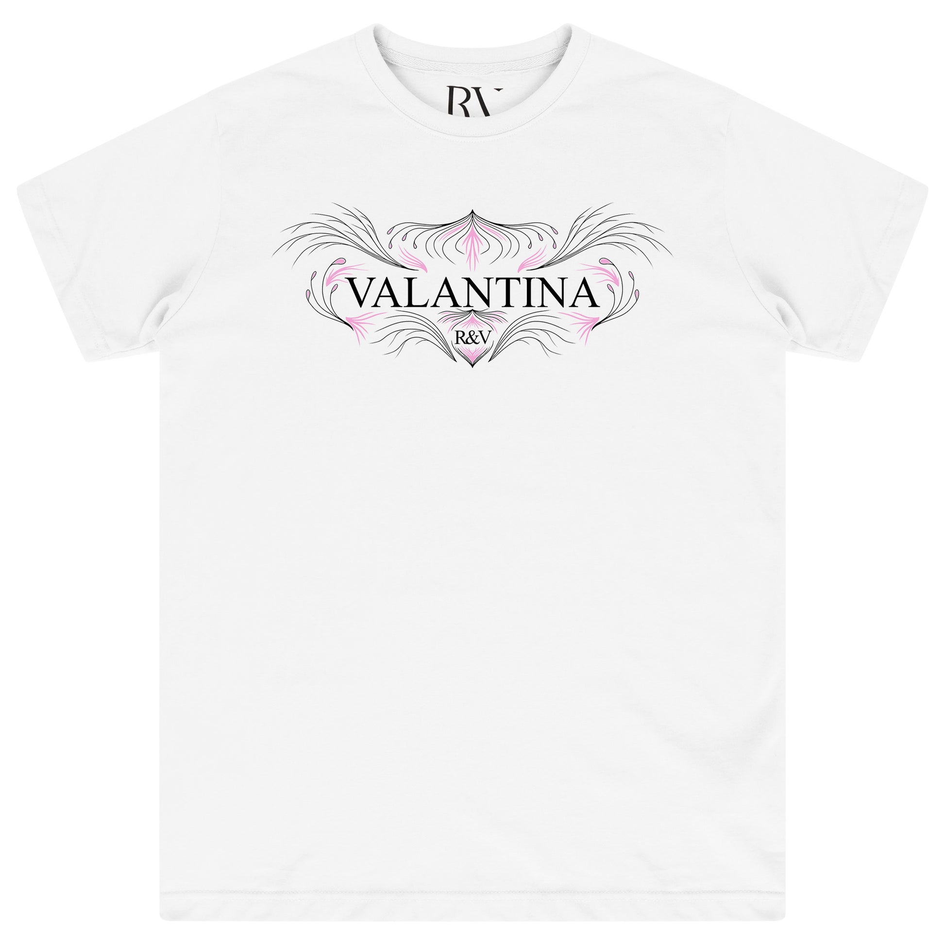 White oversized T-shirt featuring a bold pink peacock graphic centered on the chest with a crew neckline.