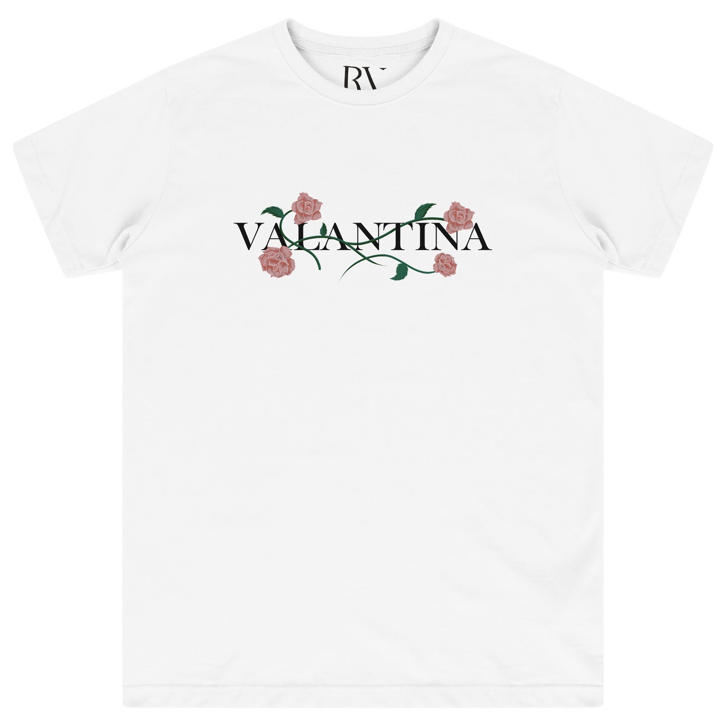 White oversized T-shirt featuring a bold pink rose vine print across the chest with crew neckline.