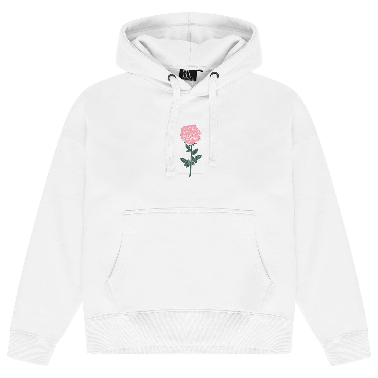 White oversized women’s hoodie featuring a subtle rose graphic printed softly on the chest, adjustable drawstring hood, long sleeves with ribbed cuffs, and ribbed hem.