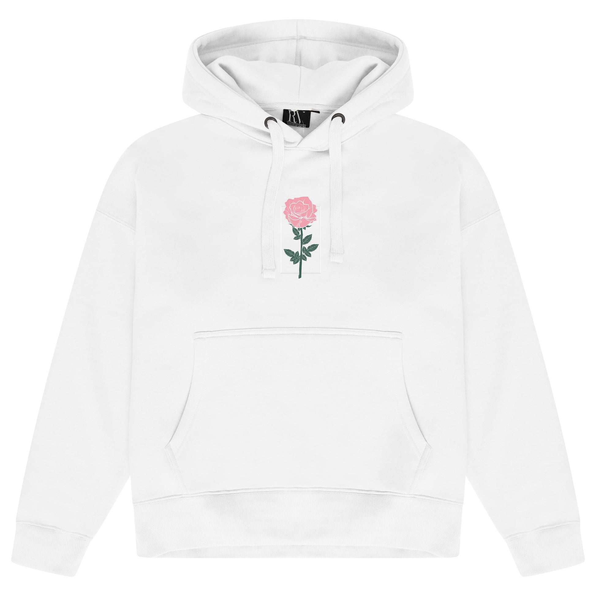 White oversized women’s hoodie featuring a subtle rose graphic printed softly on the chest, adjustable drawstring hood, long sleeves with ribbed cuffs, and ribbed hem.
