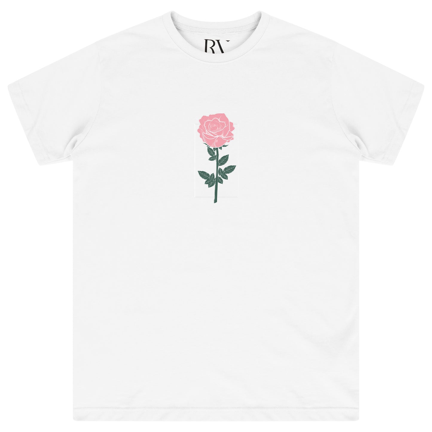 White oversized women's T-shirt featuring a delicate rose graphic printed softly on the center front, with a classic round neckline and short sleeves. 