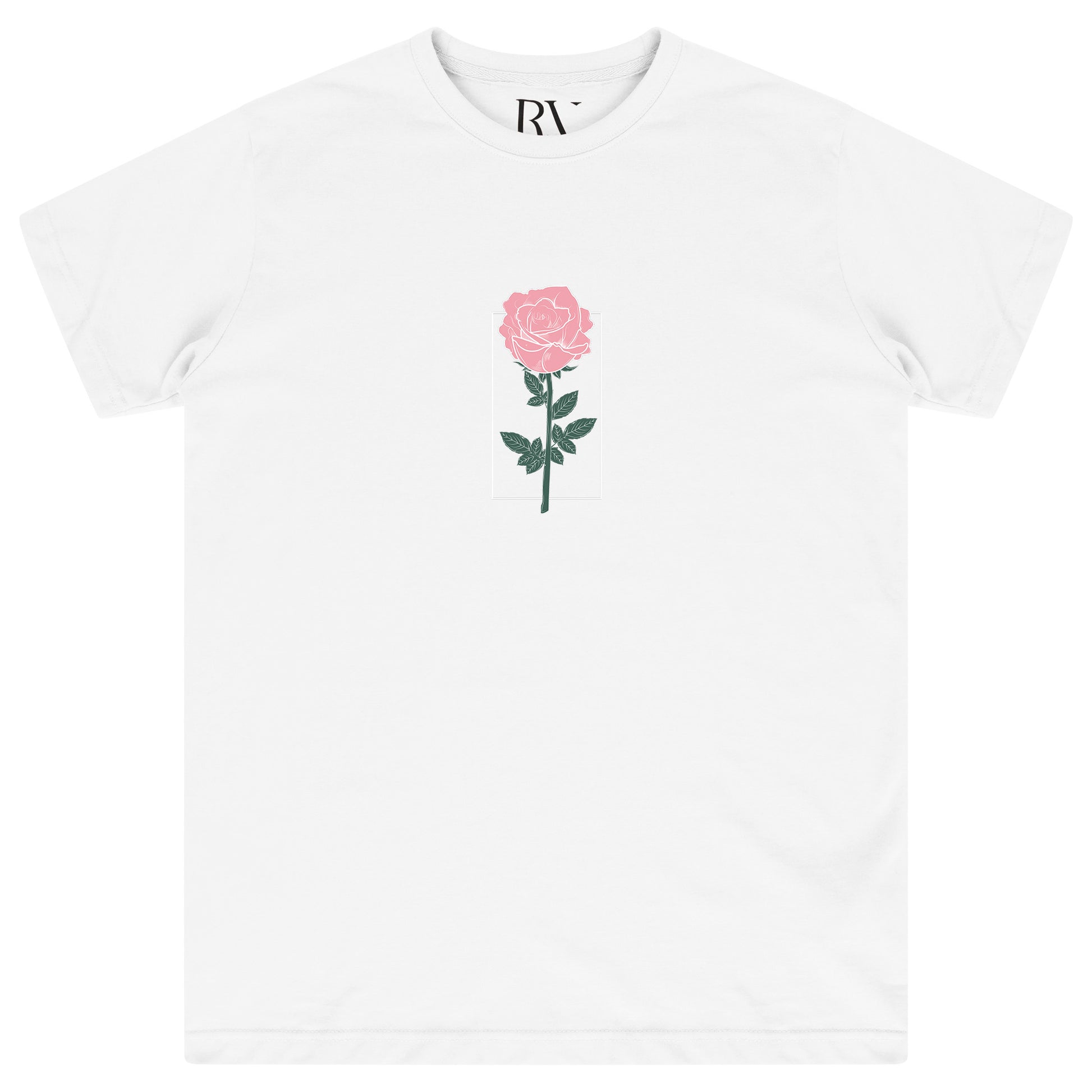 White oversized women's T-shirt featuring a delicate rose graphic printed softly on the center front, with a classic round neckline and short sleeves. 