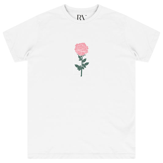 White oversized women's T-shirt featuring a delicate rose graphic printed softly on the center front, with a classic round neckline and short sleeves. 