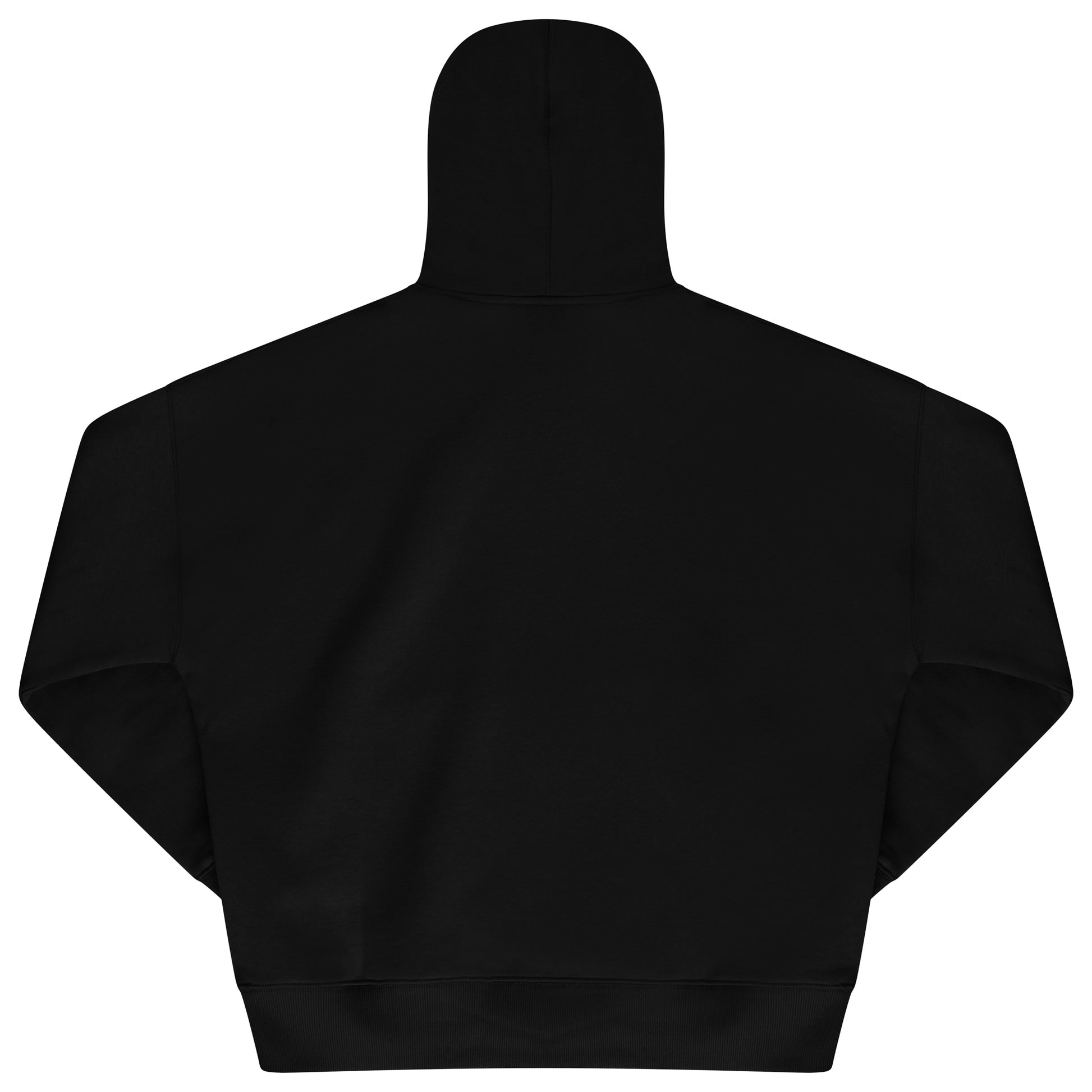 Laid-flat black hoodie showing the back, ribbed cuffs and hem, adjustable drawstrings, and relaxed oversized fit.