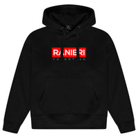 Black oversized hoodie featuring a bold red box graphic printed centrally on the chest, adjustable drawstring hood, ribbed cuffs and hem.