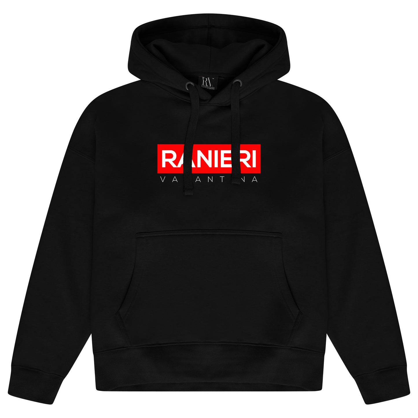 Black oversized hoodie featuring a bold red box graphic printed centrally on the chest, adjustable drawstring hood, ribbed cuffs and hem.