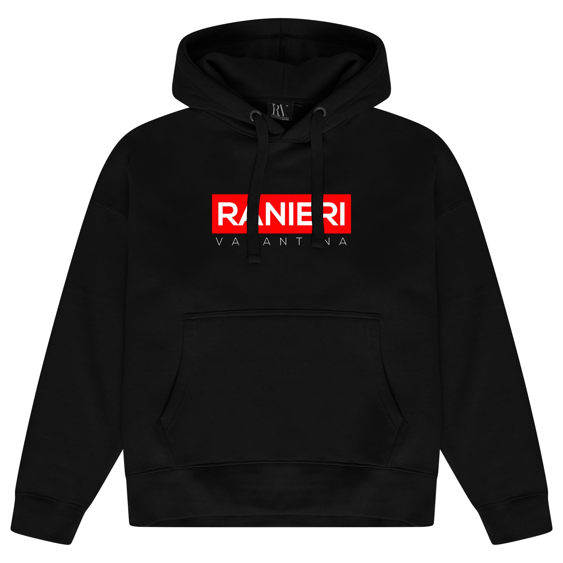 Black oversized hoodie featuring a bold red box graphic printed centrally on the chest, adjustable drawstring hood, ribbed cuffs and hem.